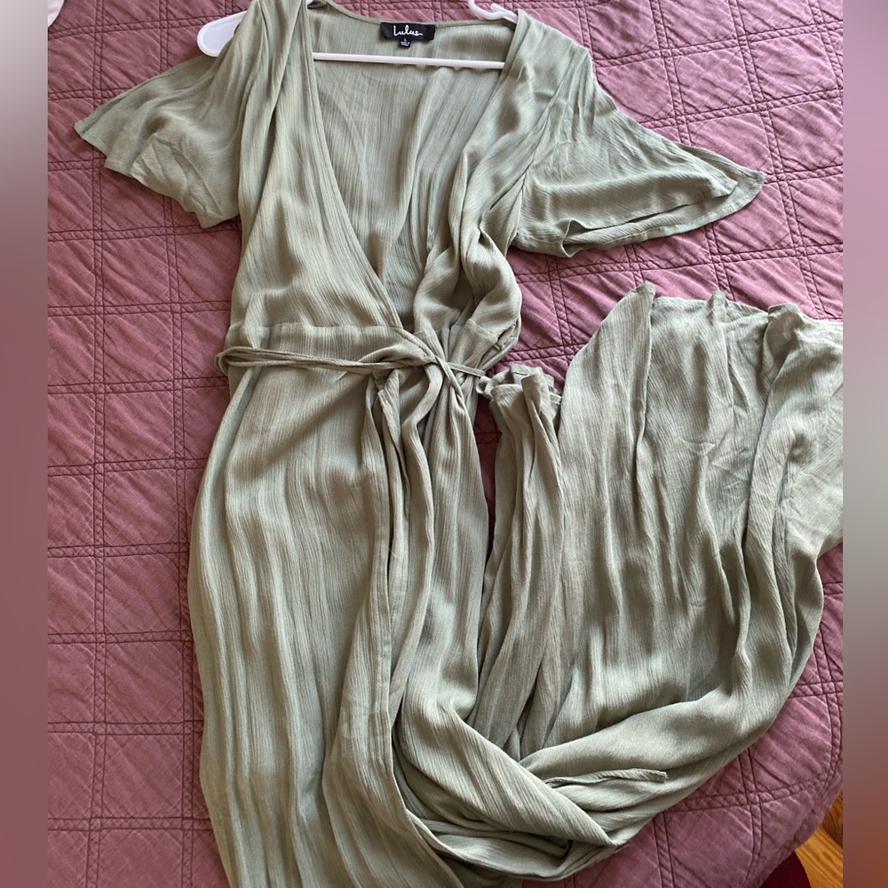 Lulu’s olive green wrap maxi with flutter sleeves
